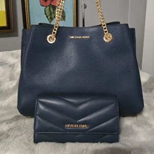 Navy Michael Kors Teagen Chain Shoulder Bag & Wallet Set